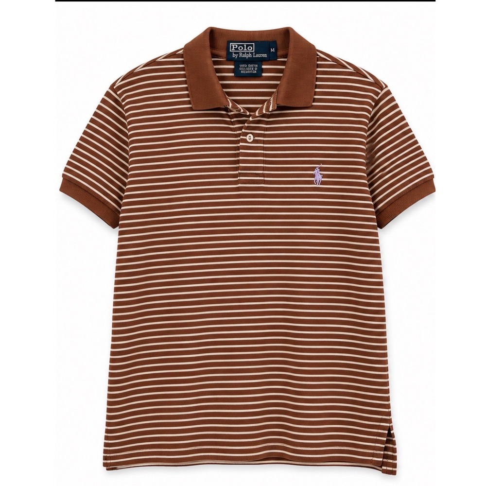Polo Ralph Lauren Mens Brown White Striped Short Sleeve Polo Shirt Size M